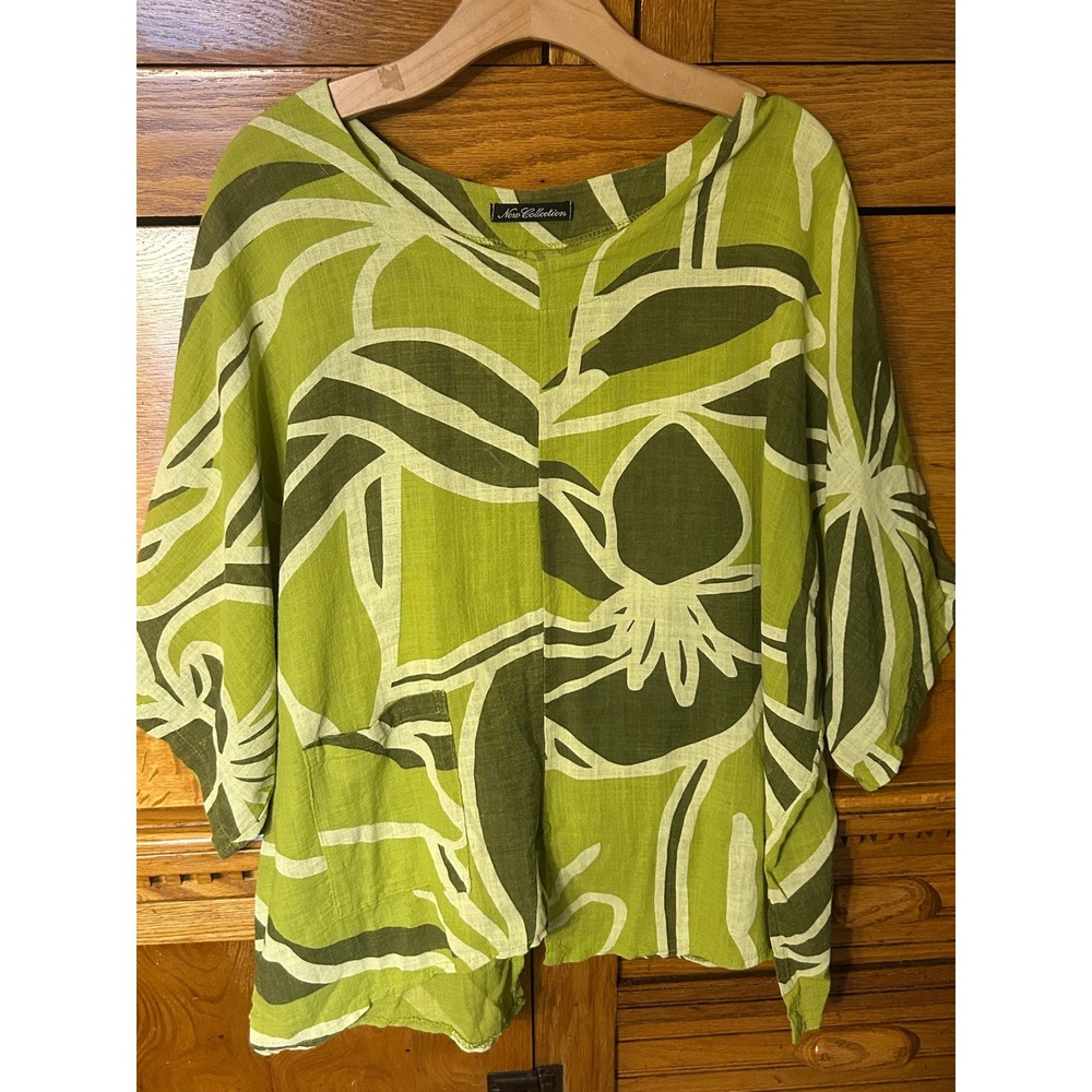 New Collection Boho Italy Green Tropical Floral Linen Cotton Boxy Top Blouse
